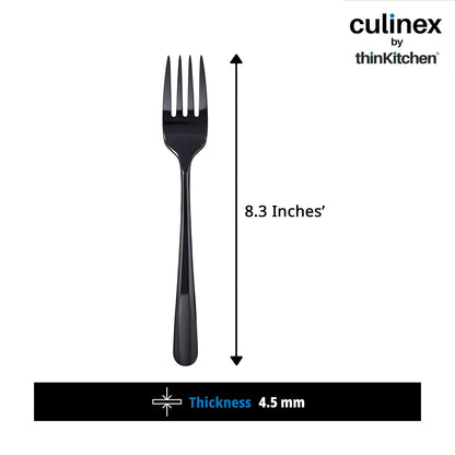 Culinex 18/8 Stainless Steel 8.3" Premium Black Dinner Fork Set of 6| Silver Rustproof Flatware By thinKitchen (Dora)