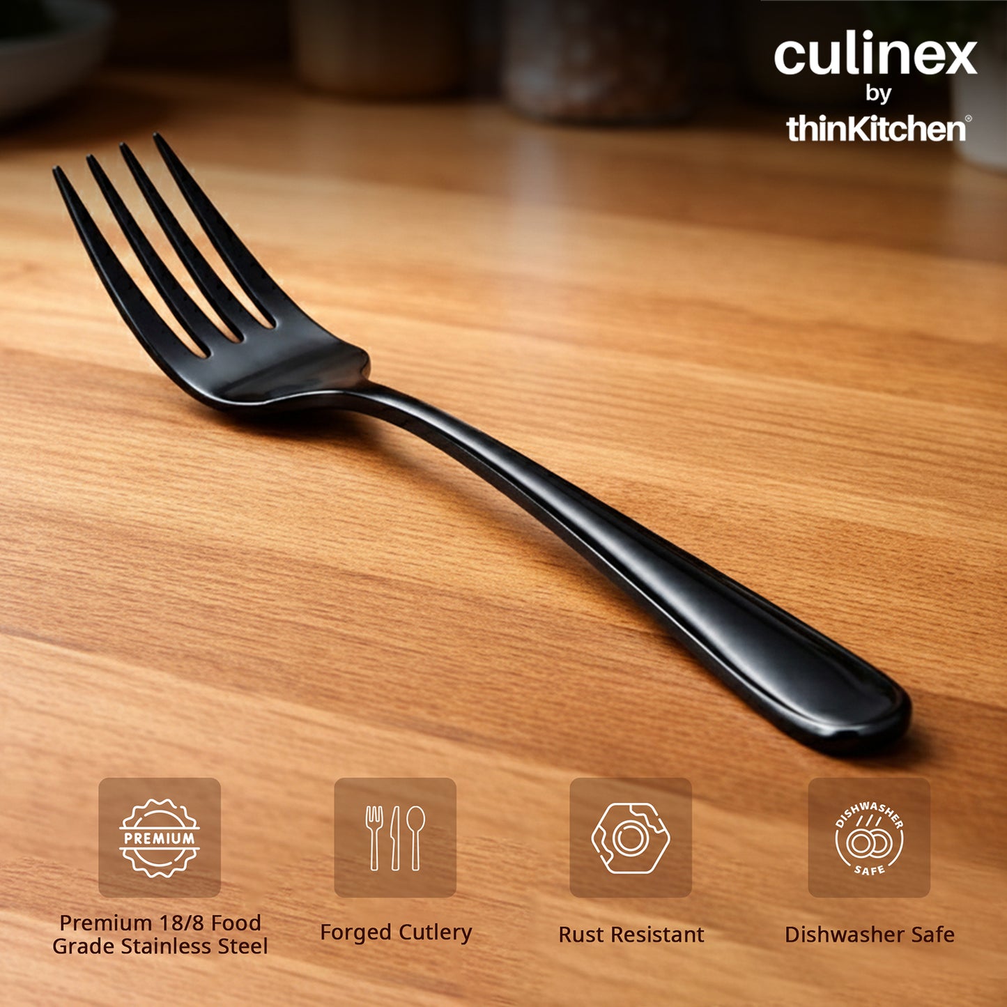Culinex 18/8 Stainless Steel 8.3" Premium Black Dinner Fork Set of 6| Silver Rustproof Flatware By thinKitchen (Dora)