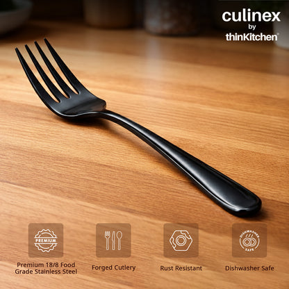 Culinex 18/8 Stainless Steel 8.3" Premium Black Dinner Fork Set of 6| Silver Rustproof Flatware By thinKitchen (Dora)