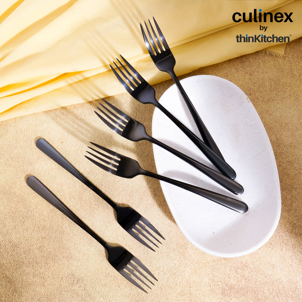 Culinex 18/8 Stainless Steel 8.3" Premium Black Dinner Fork Set of 6| Silver Rustproof Flatware By thinKitchen (Dora)