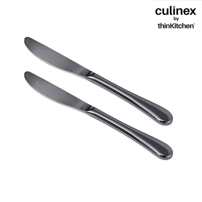 Culinex Stainless Steel 9" Premium Black Dinner Butter Knife Set of 2 for Dining, Home &Kitchen | Luxury Flatware By thinKitchen (Dora)