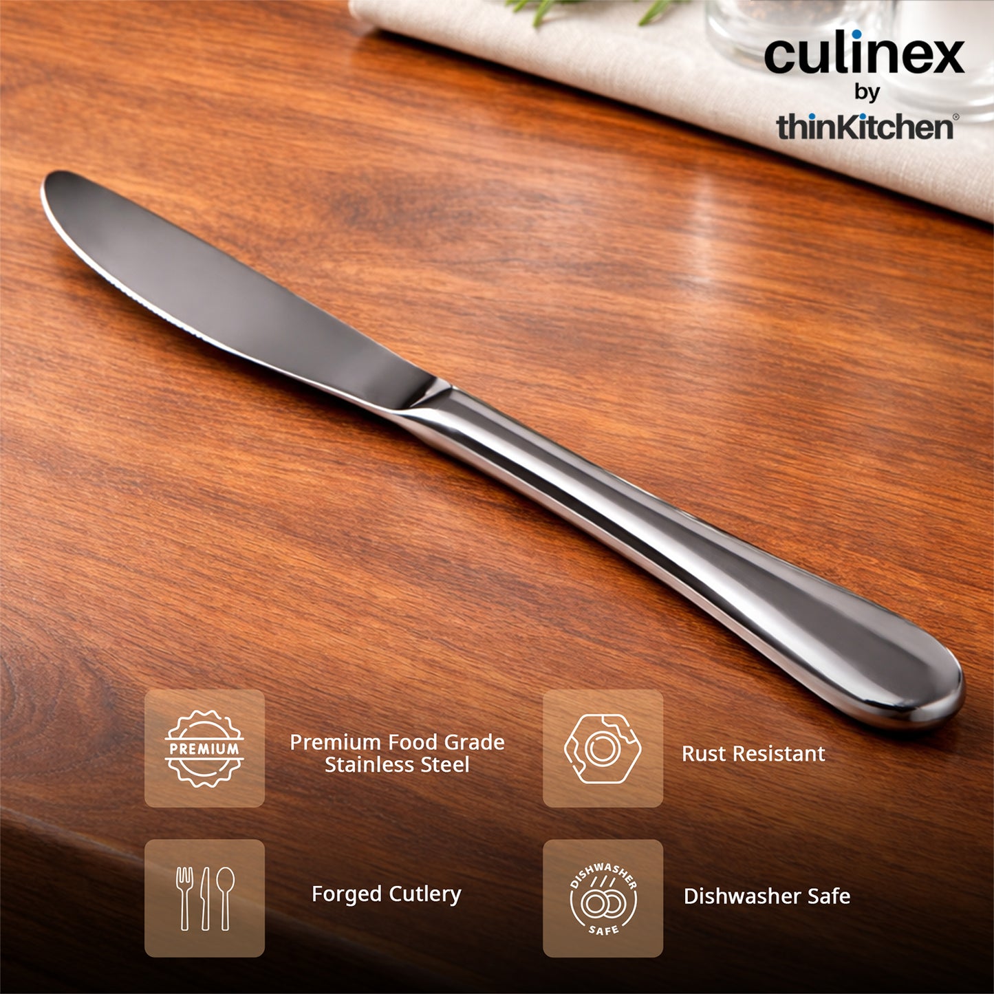 Culinex Stainless Steel 9" Premium Black Dinner Butter Knife Set of 2 for Dining, Home &Kitchen | Luxury Flatware By thinKitchen (Dora)