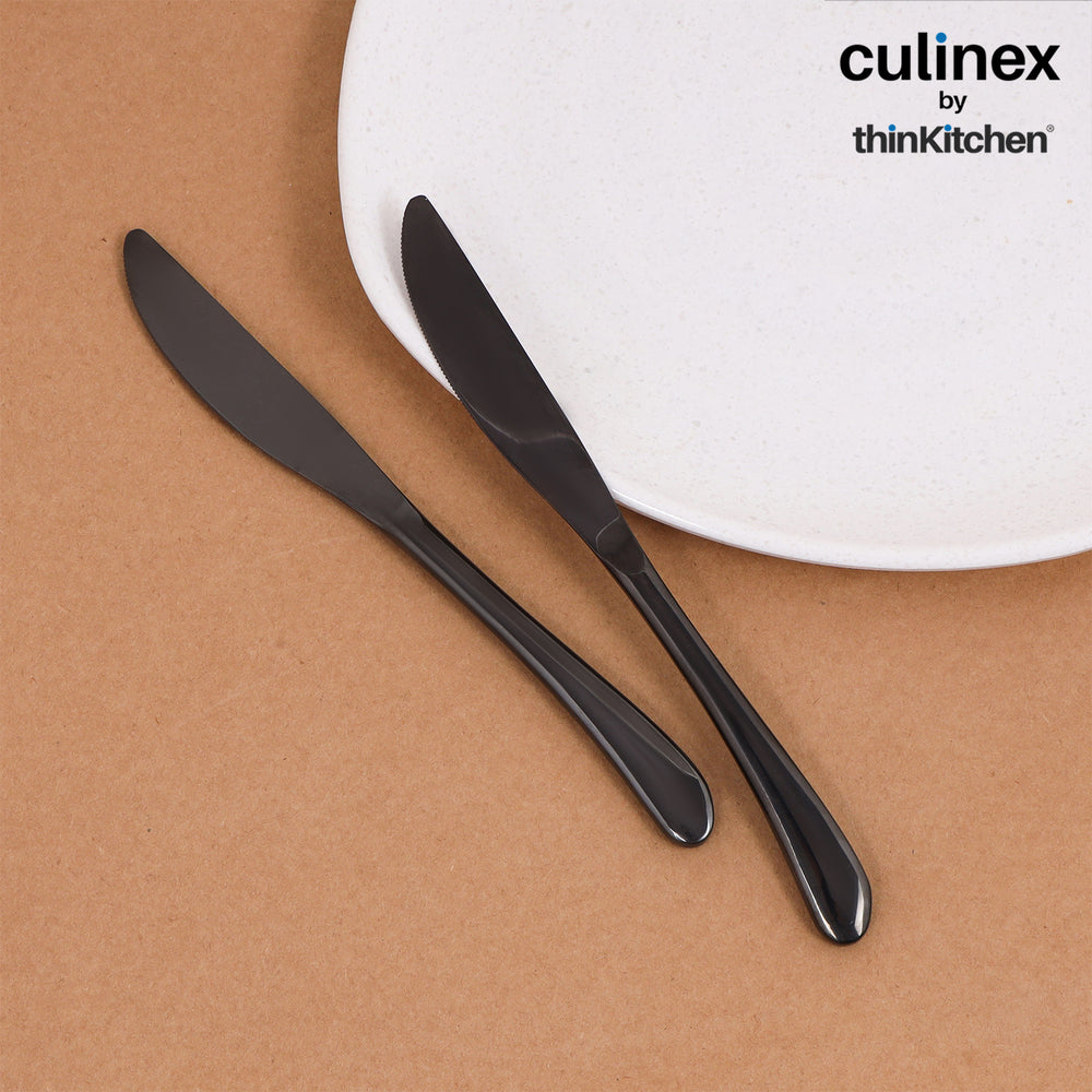 Culinex Stainless Steel 9" Premium Black Dinner Butter Knife Set of 2 for Dining, Home &Kitchen | Luxury Flatware By thinKitchen (Dora)