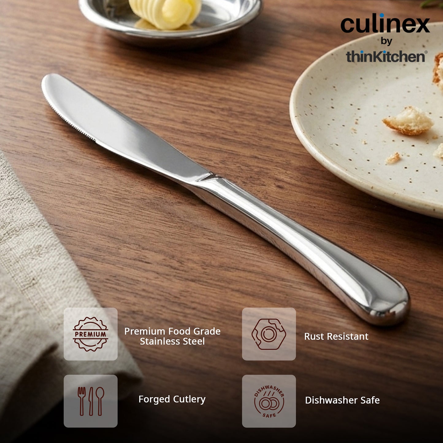 Premium Stainless Steel 8.5" Dinner Butter Knife Set of 2 for Dining, Home & Kitchen| Silver Rustproof Flatware By thinKitchen (Dora)