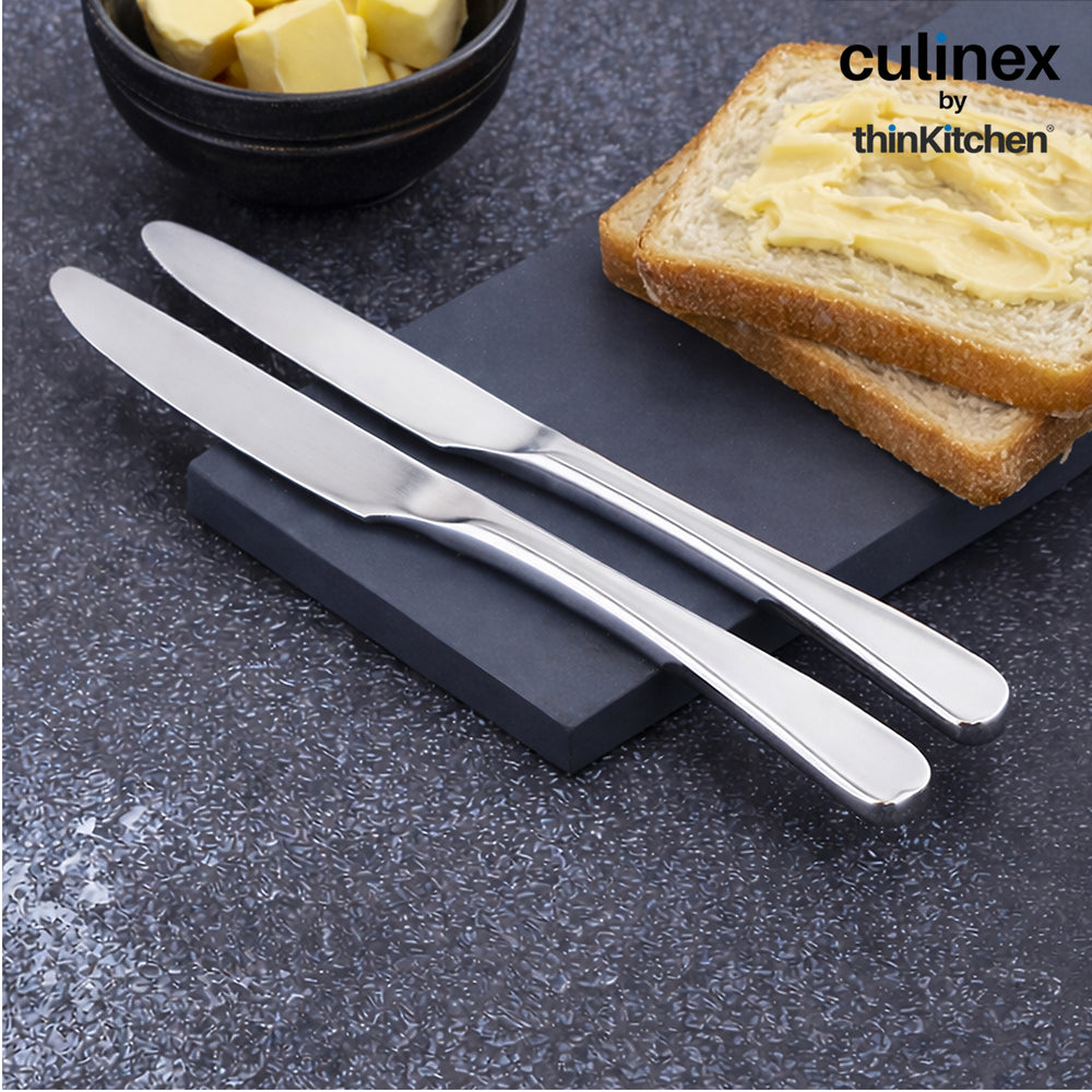 Culinex Stainless Steel 8.5" Premium Dinner Butter Knife Set of 2 for Dining, Home & Kitchen| Silver Rustproof Flatware By thinKitchen (Dora)