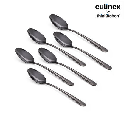 Culinex by thinKitchen 18/8 Stainless Steel 8.2" Black Dinner Spoon Set of 6| Rustproof Flatware By thinKitchen (Dora)
