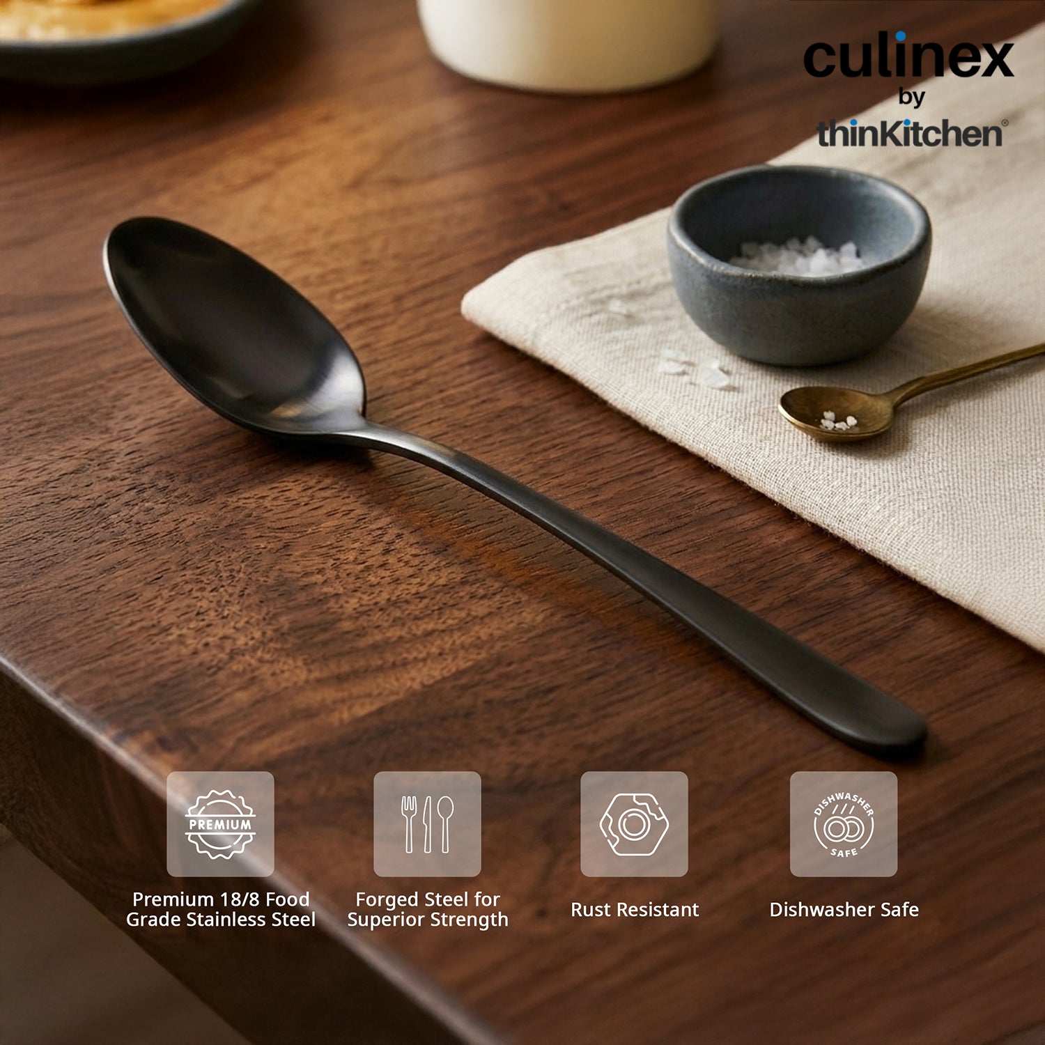 Culinex by thinKitchen 18/8 Stainless Steel 8.2" Black Dinner Spoon Set of 6| Rustproof Flatware By thinKitchen (Dora) - 4