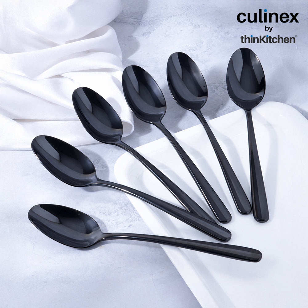 Culinex 18/8 Stainless Steel 8.2" Premium Black Dinner Spoon Set of 6| Rustproof Flatware By thinKitchen (Dora)
