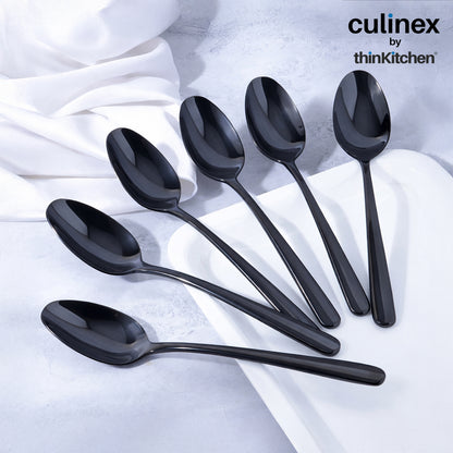 Culinex by thinKitchen 18/8 Stainless Steel 8.2" Black Dinner Spoon Set of 6| Rustproof Flatware By thinKitchen (Dora)