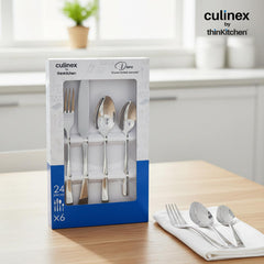 Culinex by thinKitchen Stainless Steel 18/8, 24-Piece Cutlery Set|Set of 6 All purpose Spoon, Fork, Tea Spoon & Knife, Silver Rustproof Flatware By thinKitchen