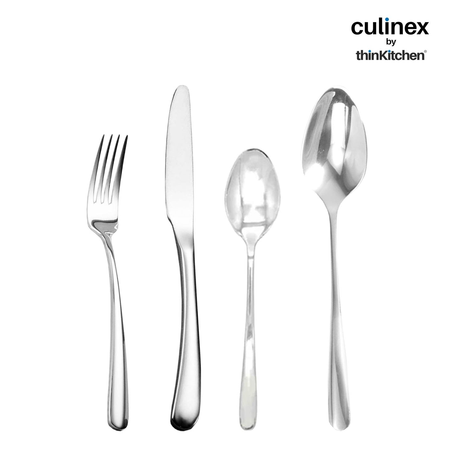 Culinex by thinKitchen Stainless Steel 18/8, 24-Piece Cutlery Set|Set of 6 All purpose Spoon, Fork, Tea Spoon & Knife, Silver Rustproof Flatware By thinKitchen