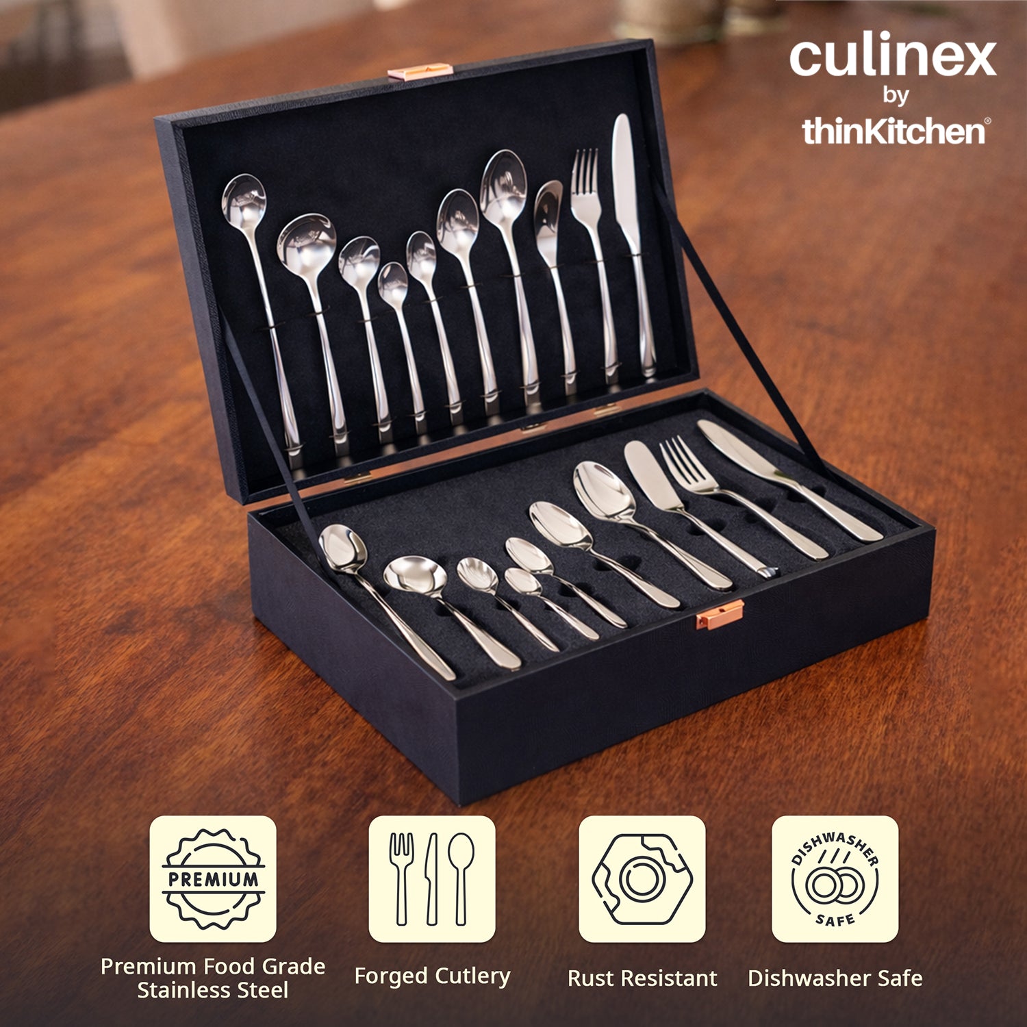 Culinex 18/8 Luxury Stainless Steel 90-Piece Cutlery Set Gift Box, Dora | Mirror Finish, Rustproof Dishwasher Safe Flatware with International Finish By thinKitchen - 3