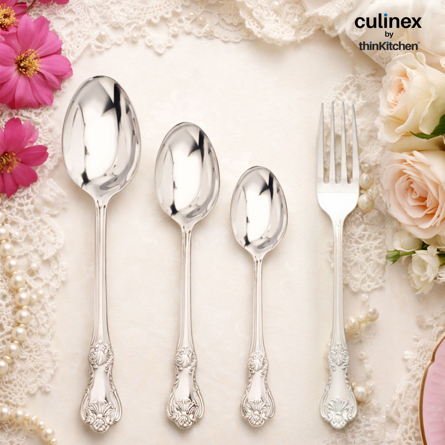 Culinex Premium Stainless Steel 18/8, 20-Piece Cutlery Set, Fest Classic|Set of 2 Service Spoon, 6 All purpose Spoon, Fork and Tea Spoon, Luxury Silver Rustproof Flatware By thinKitchen - 1