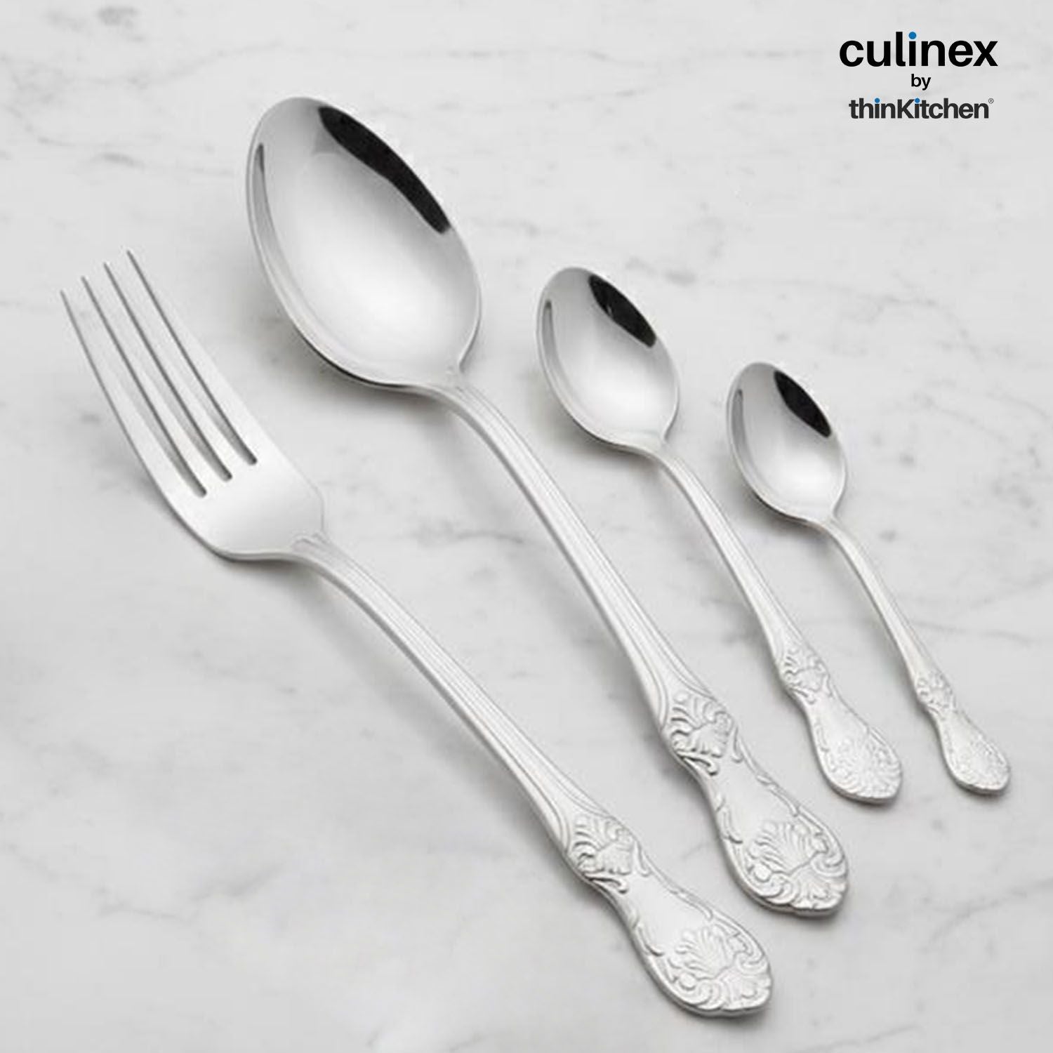 Culinex Premium Stainless Steel 18/8, 20-Piece Cutlery Set, Fest Classic|Set of 2 Service Spoon, 6 All purpose Spoon, Fork and Tea Spoon, Luxury Silver Rustproof Flatware By thinKitchen - 3