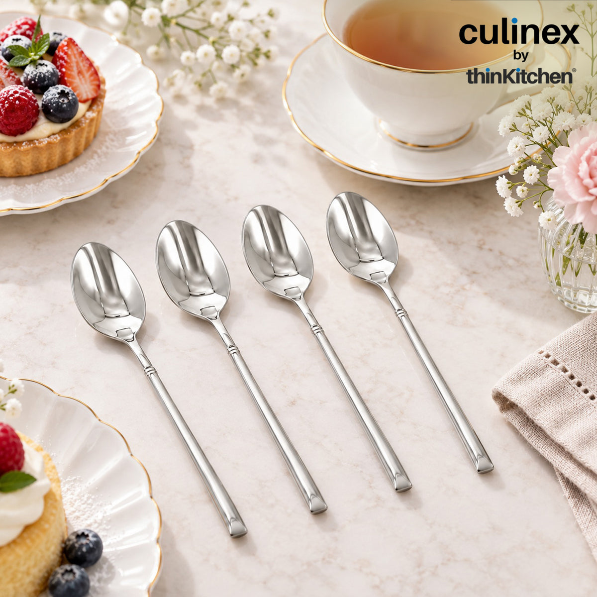 Culinex Nova 4 Pc Stainless Steel Coffee Spoon Set, 18/8 Steel, Small Tea, Espresso & Stirring Spoons