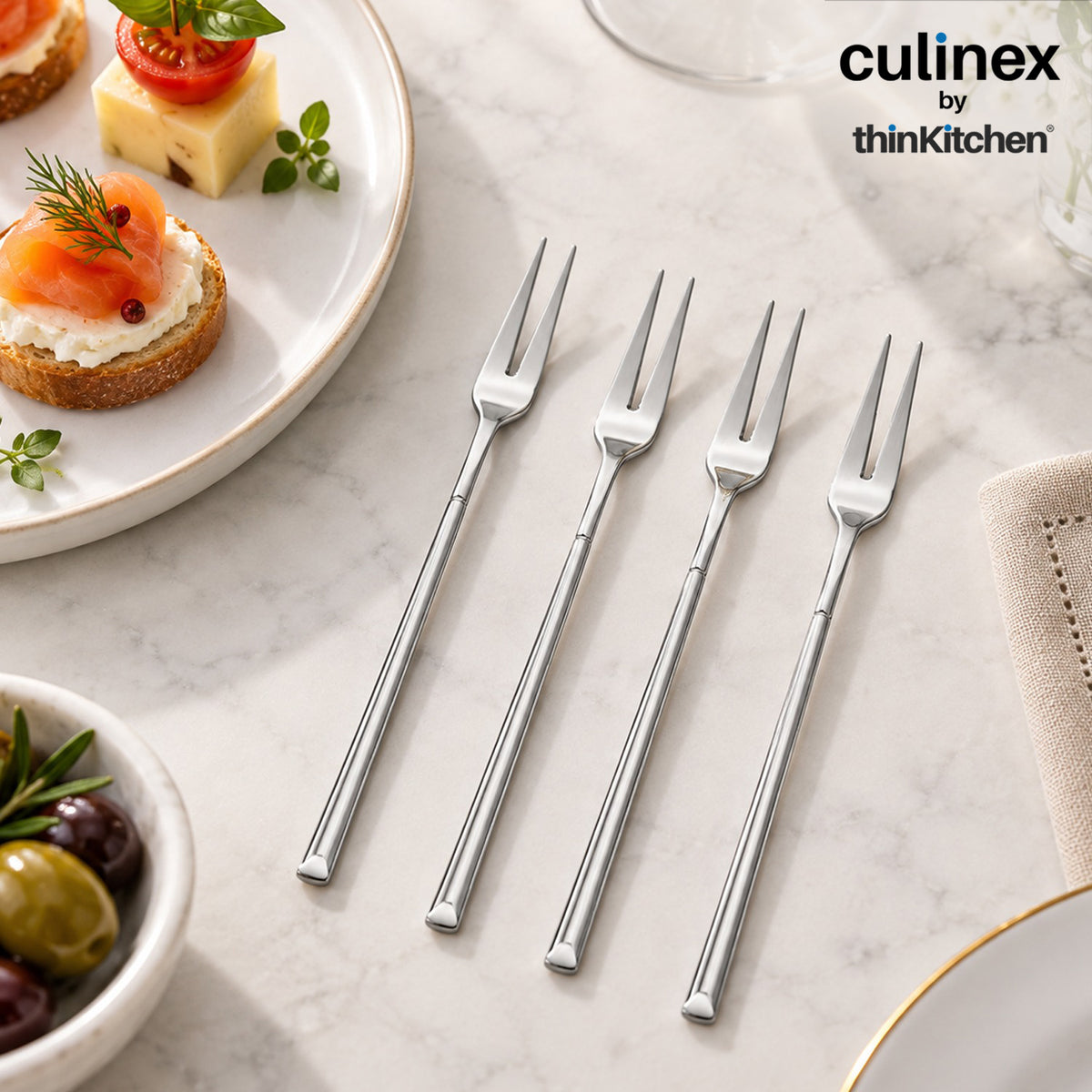 Culinex Nova 4 Pc Premium 6" Fruit Fork Set, 18/8 Stainless Steel | Small Dessert, Cake & Appetizer Forks