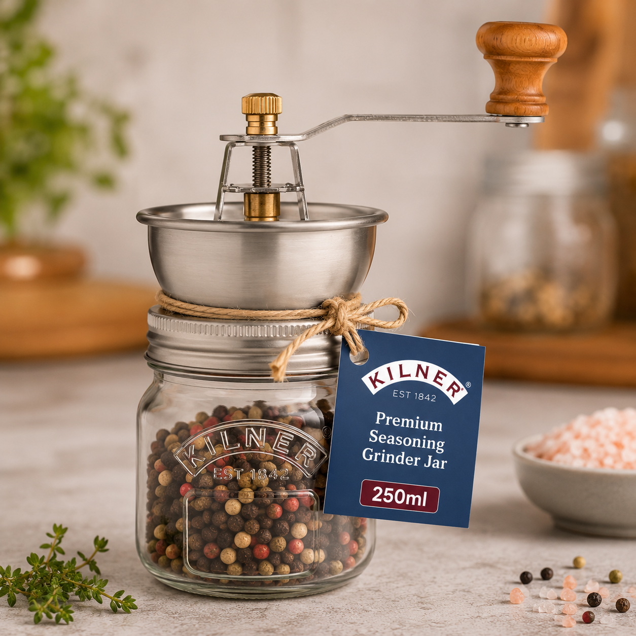Kilner Premium 250ml Airtight Seasoning Manual Grinder Glass Preserve Jar for Spice, Salt & Pepper