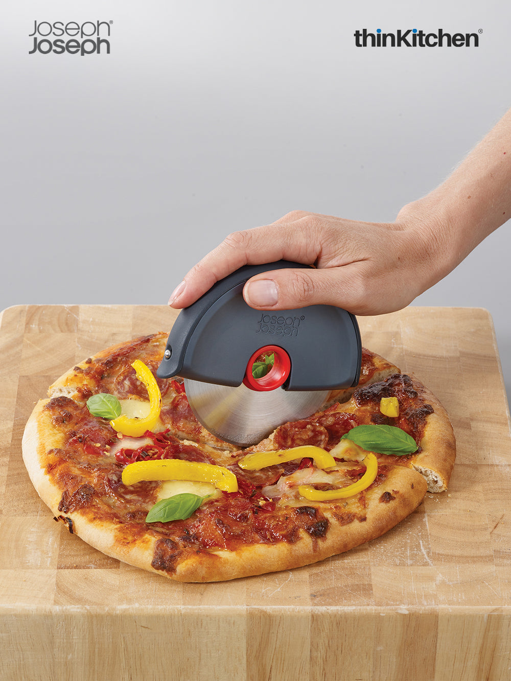 Joseph Joseph Premium Pizza, Pie, Pastry Cutter and Slicer Wheel with Protective Cover - Stainless Steel & Silicone, Grey , Duo Disc