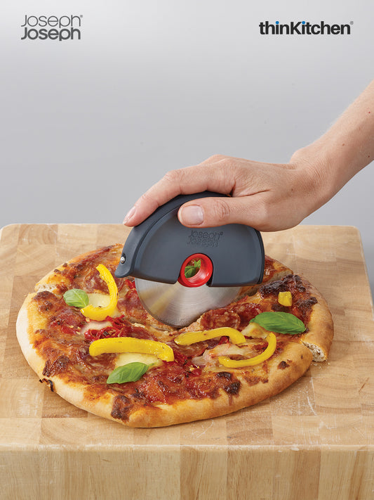 Joseph Joseph Premium Pizza, Pie, Pastry Cutter and Slicer Wheel with Protective Cover - Stainless Steel & Silicone, Grey , Duo Disc