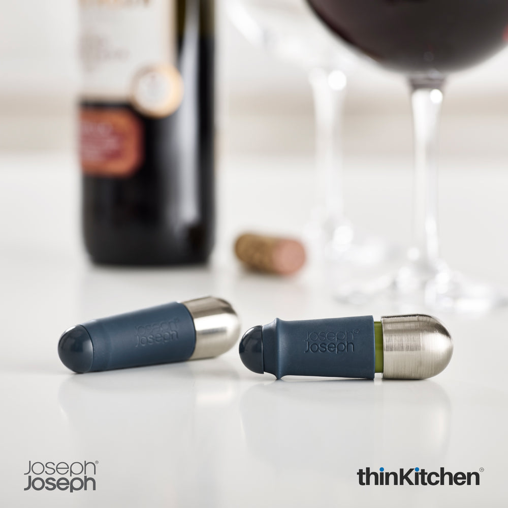Joseph Joseph Premium BarWise Stainless Steel Wine Bottle Stoppers Set of 2Pcs | Twist-Lock Vacuum Seal Stoppers, Blue
