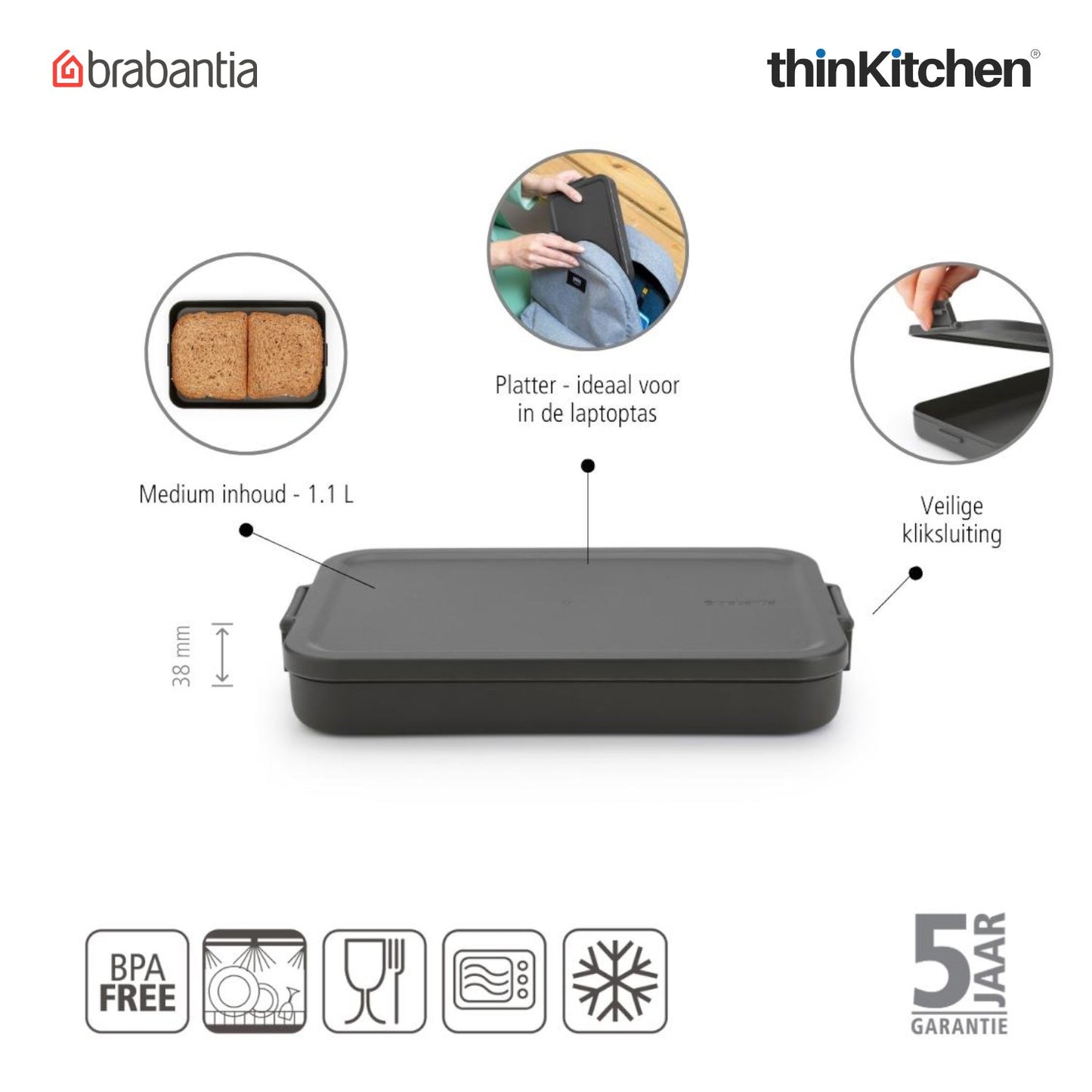 Brabantia Make Take Flat Lunch Box Dark Grey