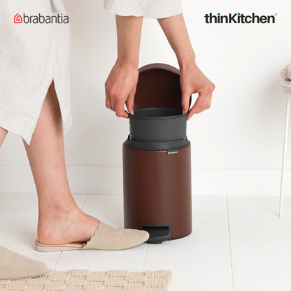 Brabantia, Waste Management, Dustbin, NewIcon Pedal Bin, 3 Litre, Plastic Bucket, Mineral Cosy Brown