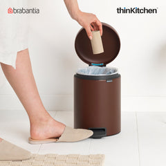 Brabantia, Waste Management, Dustbin, NewIcon Pedal Bin, 5 Litre, Plastic Bucket, Mineral Cosy Brown