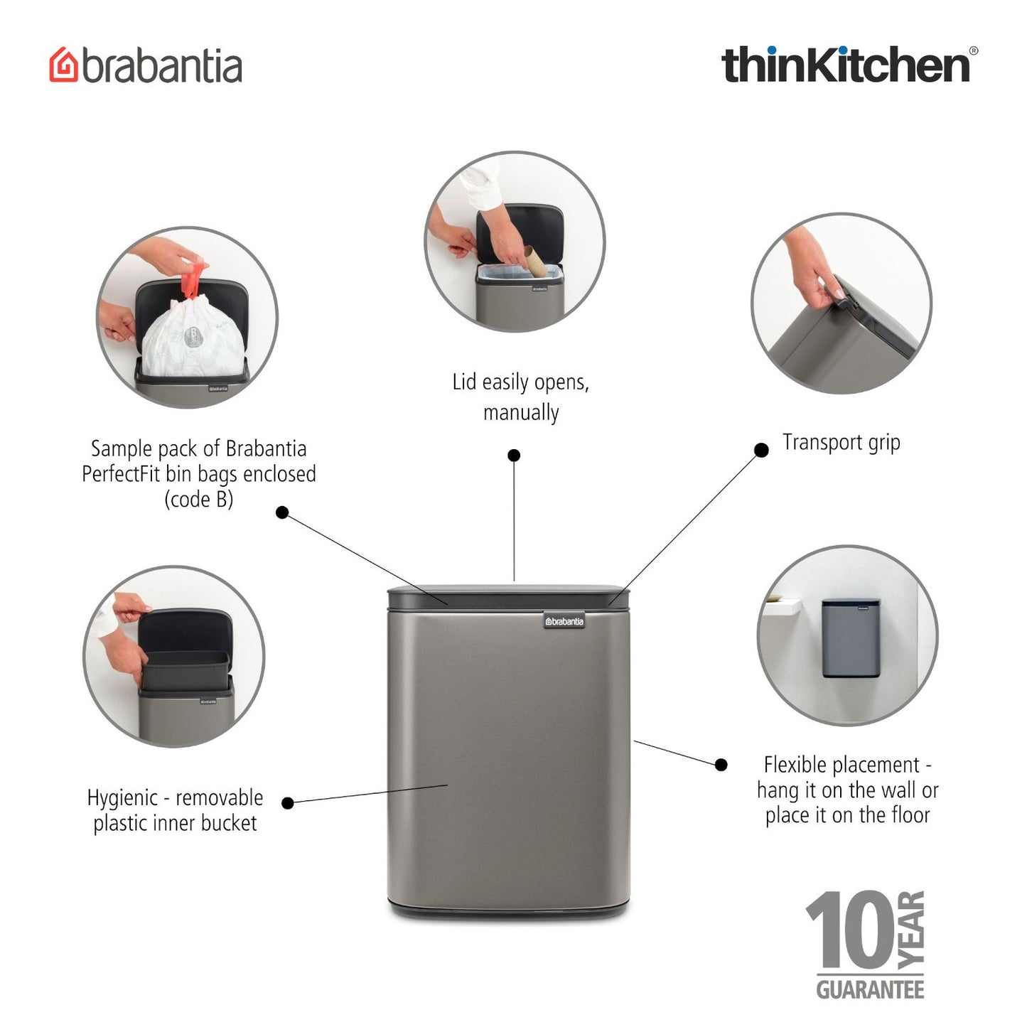 Brabantia Bo Waste Bin 7 Litre Platinum