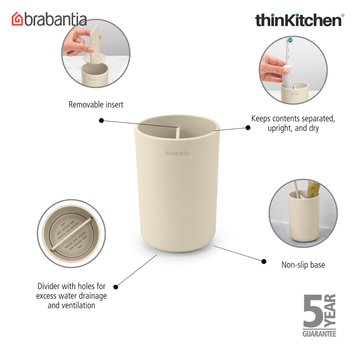 Brabantia Renew Toothbrush Holder, With Insert - Soft Beige