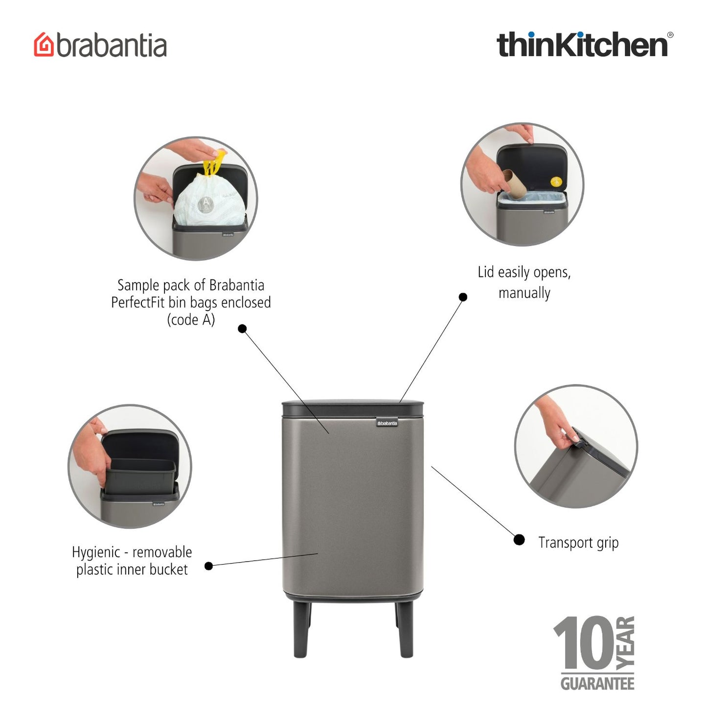 Brabantia Bo Waste Bin Hi 4 Litre Platinum