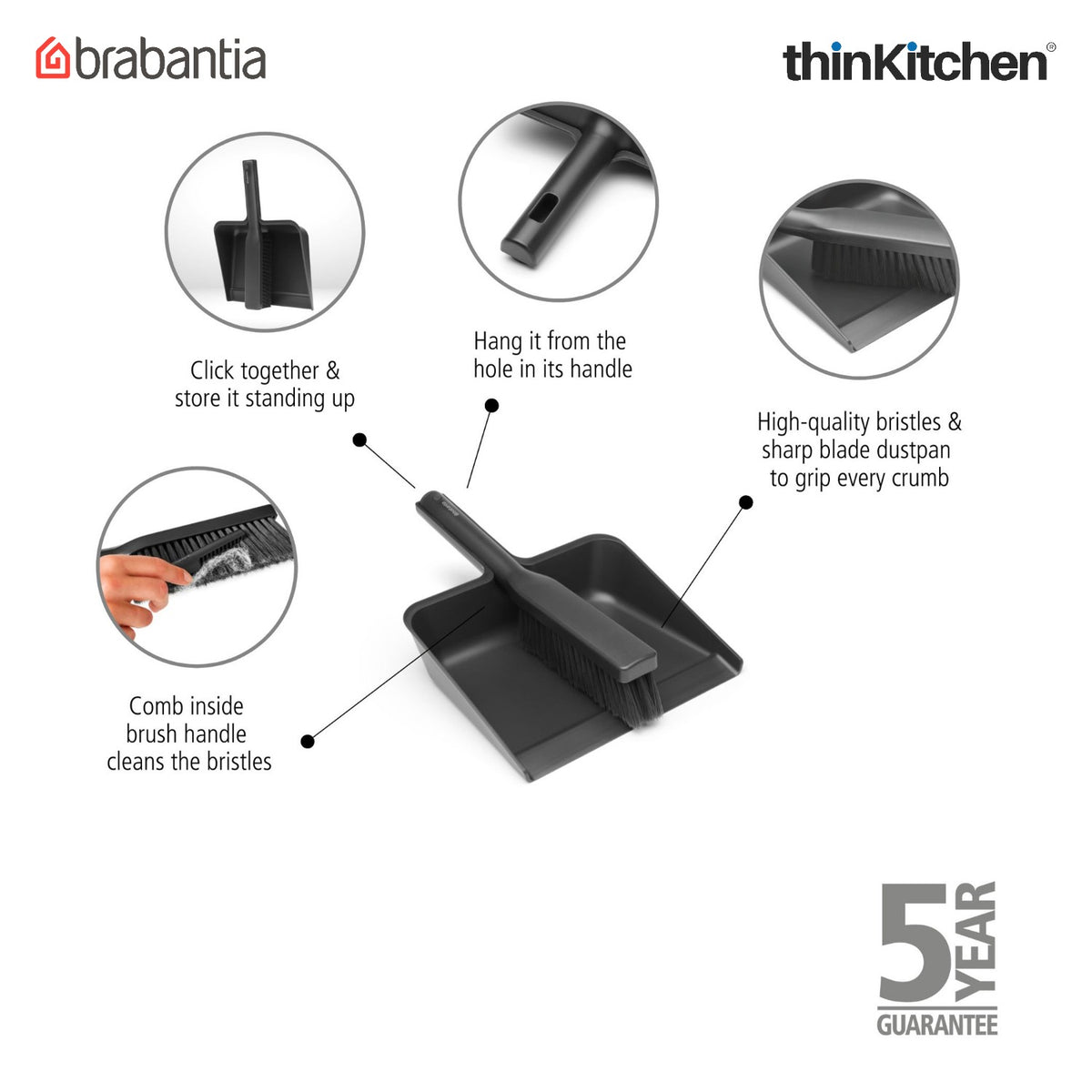Brabantia Sinkside Dustpan And Brush Set, With Comb - Dark Grey