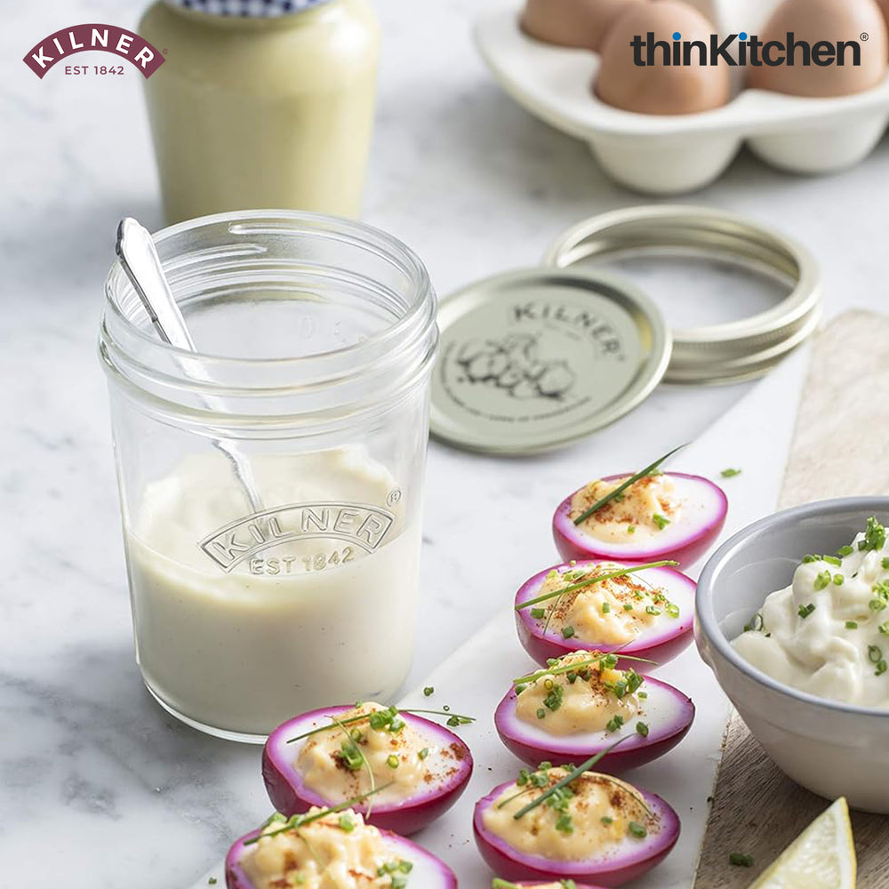 Kilner Premium 350ml Mayonnaise, Dressing and Dip Maker Wide Mouth Glass Jar Set for Fresh Homemade Sauces & Food Prep