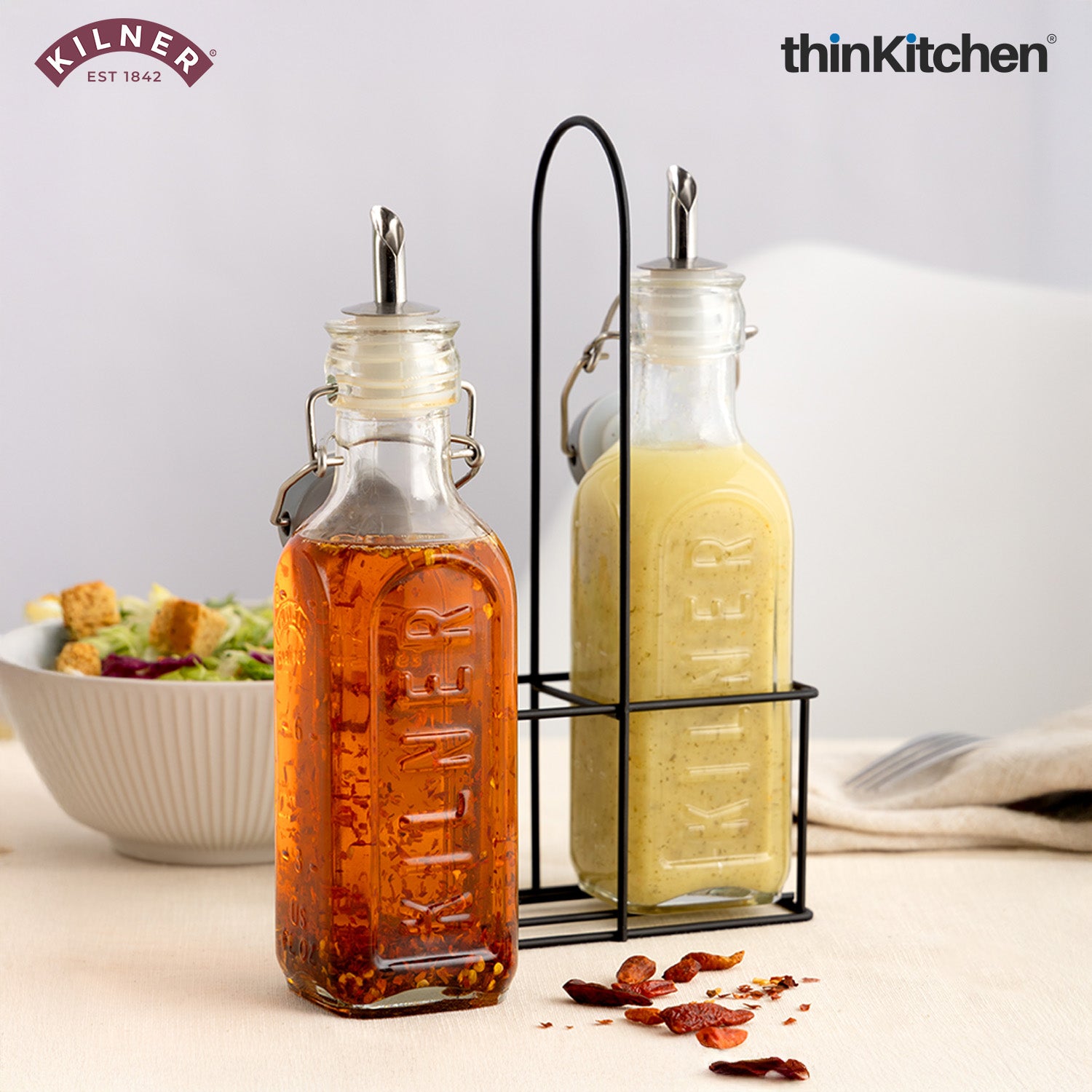 Kilner Glass Oil & Vinegar Bottles Set with Metal Rack, 300ml, Pack of 2 - 1
