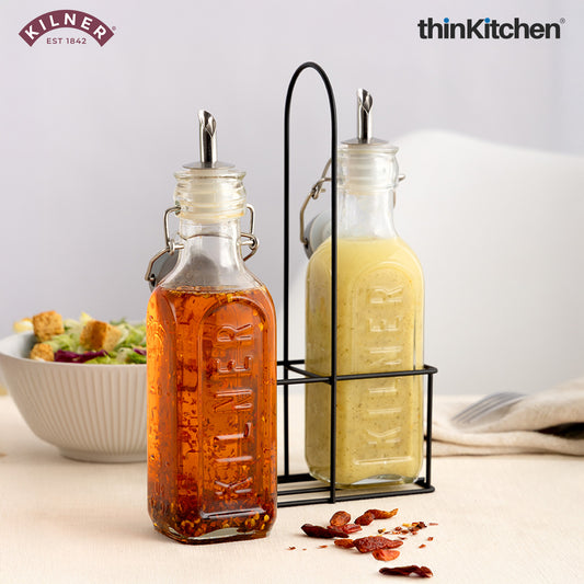 Kilner Glass Oil & Vinegar Bottles Set with Metal Rack, 300ml, Pack of 2