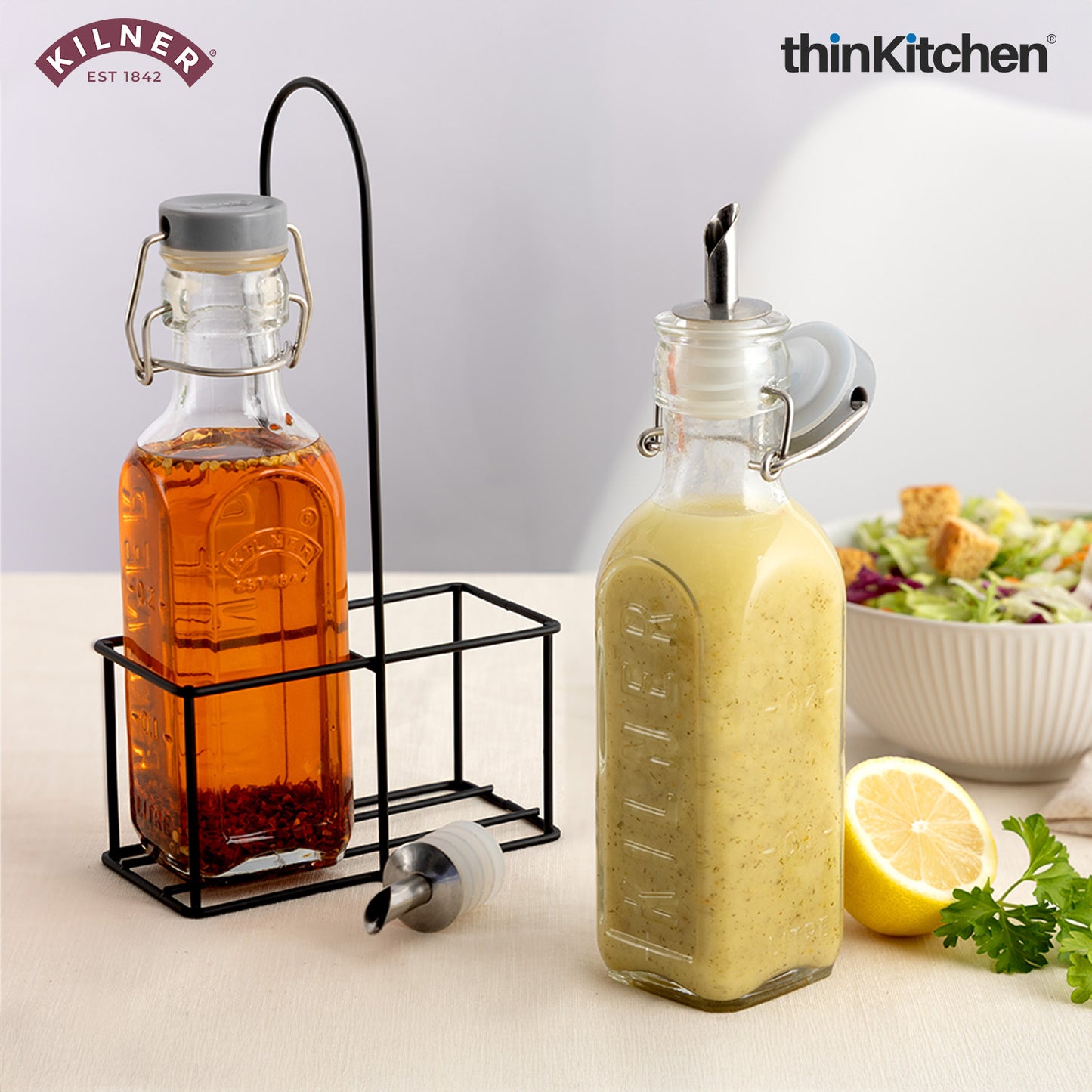 Kilner Glass Oil & Vinegar Bottles Set with Metal Rack, 300ml, Pack of 2