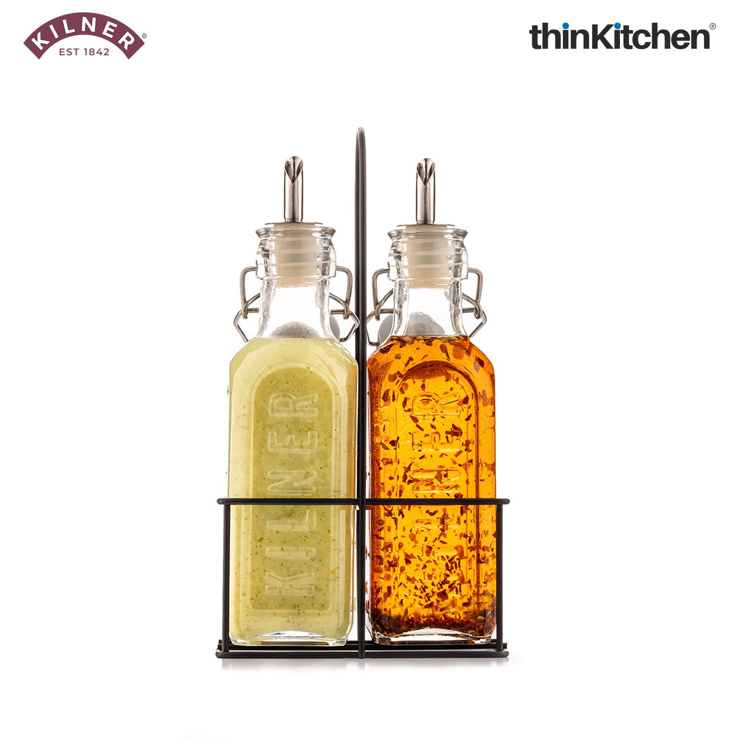 Kilner Glass Oil & Vinegar Bottles Set with Metal Rack, 300ml, Pack of 2 - 3