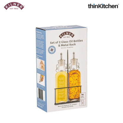 Kilner Glass Oil & Vinegar Bottles Set with Metal Rack, 300ml, Pack of 2