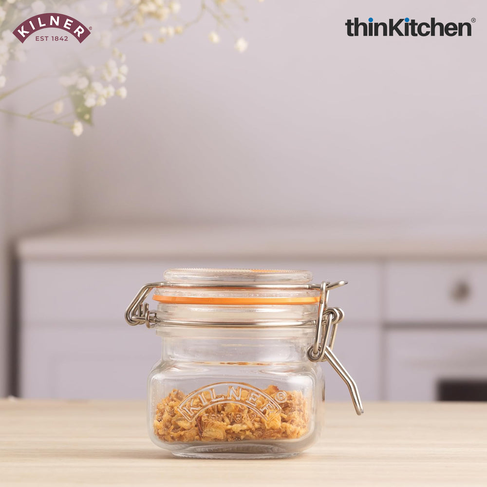Kilner Premium 250ml Airtight Leakproof Small Square Glass Jar with Clip Top Lid or Spices, Sauces, Chutneys, Baby Food, Honey, Ghee