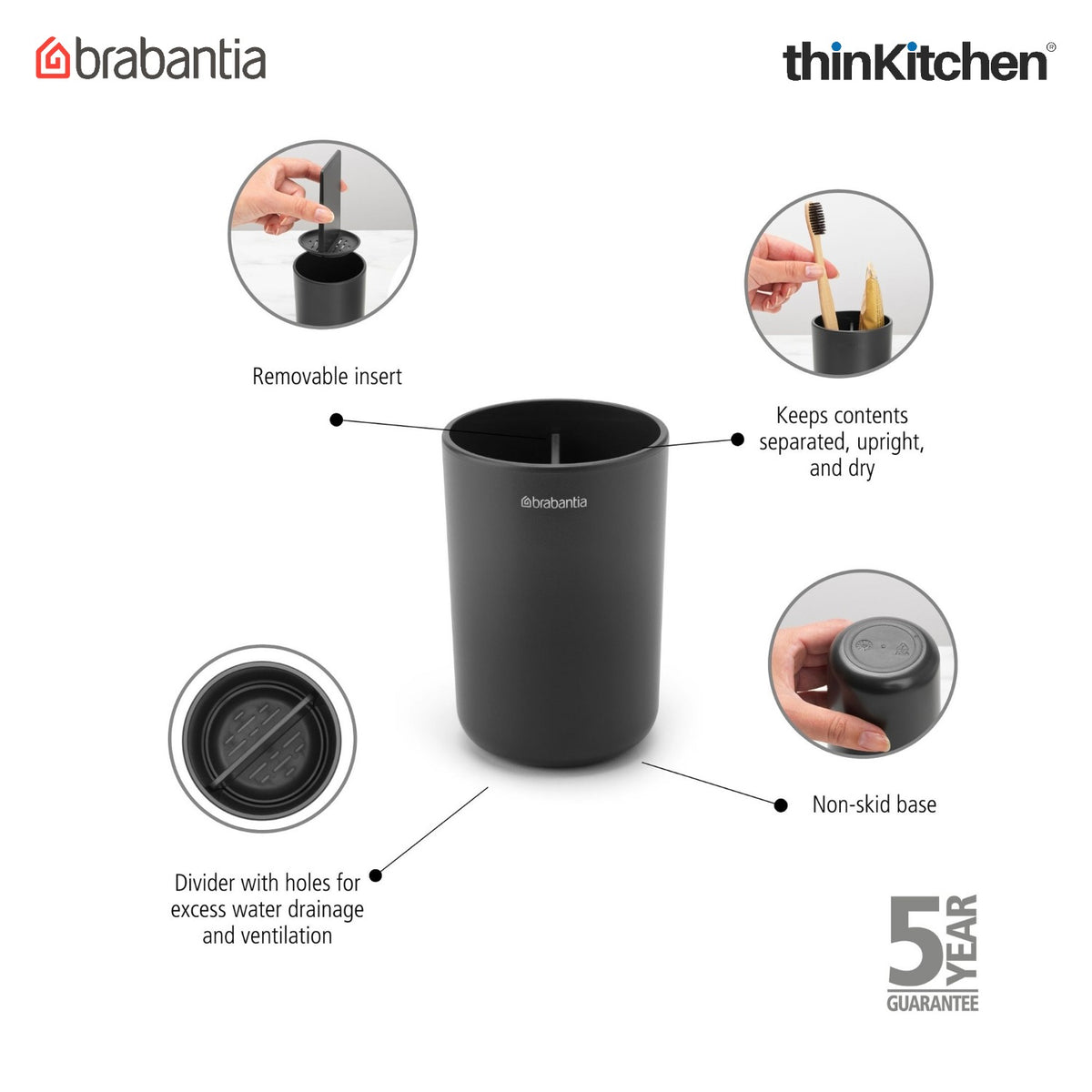 Brabantia Renew Toothbrush Holder, With Insert - Dark Grey
