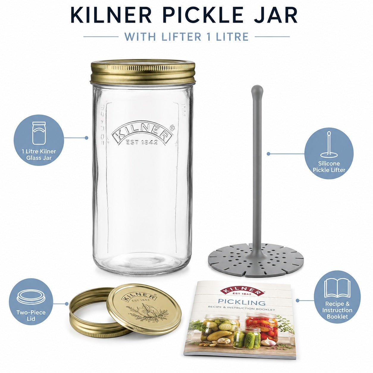 Kilner Premium 1 Litre Glass Pickle Jar with Lifter and Screw Lid for Pickles, Achaar - 3