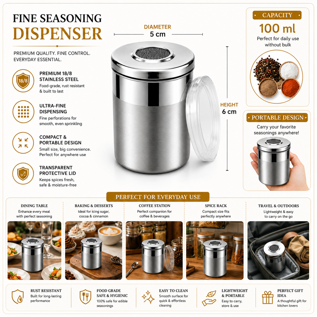 Culinex Stainless Steel Small Portable 100ml Fine Seasoning, Salt / Pepper Dispenser - 5 x 6 cms for Masala, Icing Sugar, Seasoning, Condiments - 3