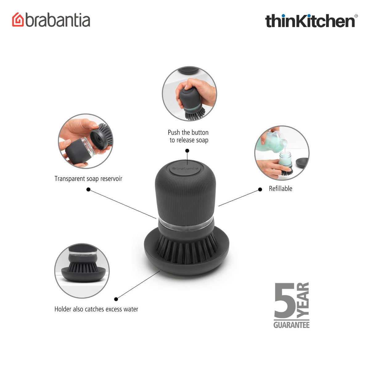 Brabantia Sinkside Soap Dispensing Dish Brush - Dark Grey - 5