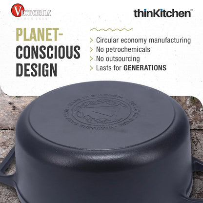 Victoria 6-Quart Cast Iron Dutch Oven with Lid and Dual Loop Handles, Seasoned with Flaxseed Oil, Made in Colombia,Black