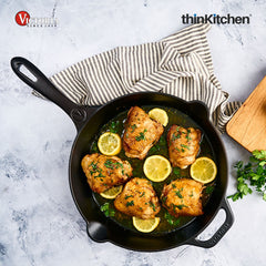 Victoria Cast Iron Skillet Large Frying Pan with Helper Handle Seasoned with 100% Kosher Certified Non-GMO Flaxseed Oil, 12 Inch, Black