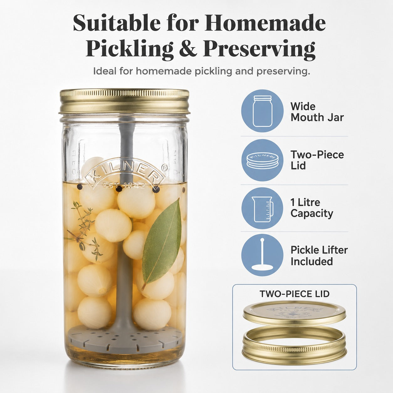 Kilner Premium 1 Litre Glass Pickle Jar with Lifter and Screw Lid for Pickles, Achaar