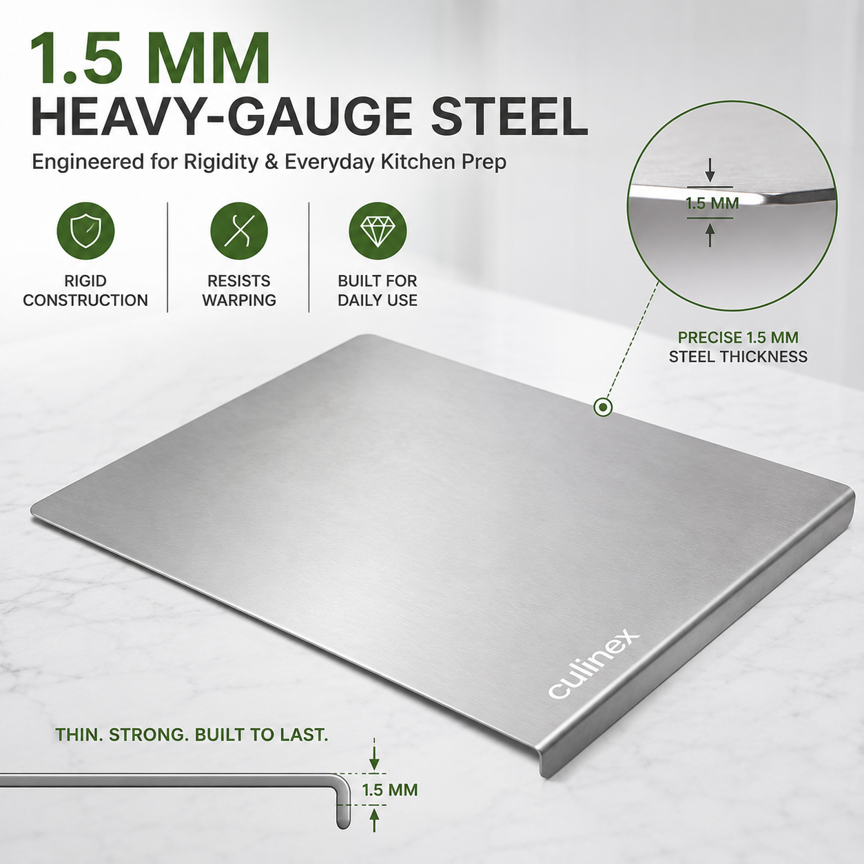 Premium Stainless Steel Counter Top Chopping Board 1.5 mm Thick – 12 x 16 Inches |  Heavy Duty Food-Grade Metal Kitchen Cutting Board