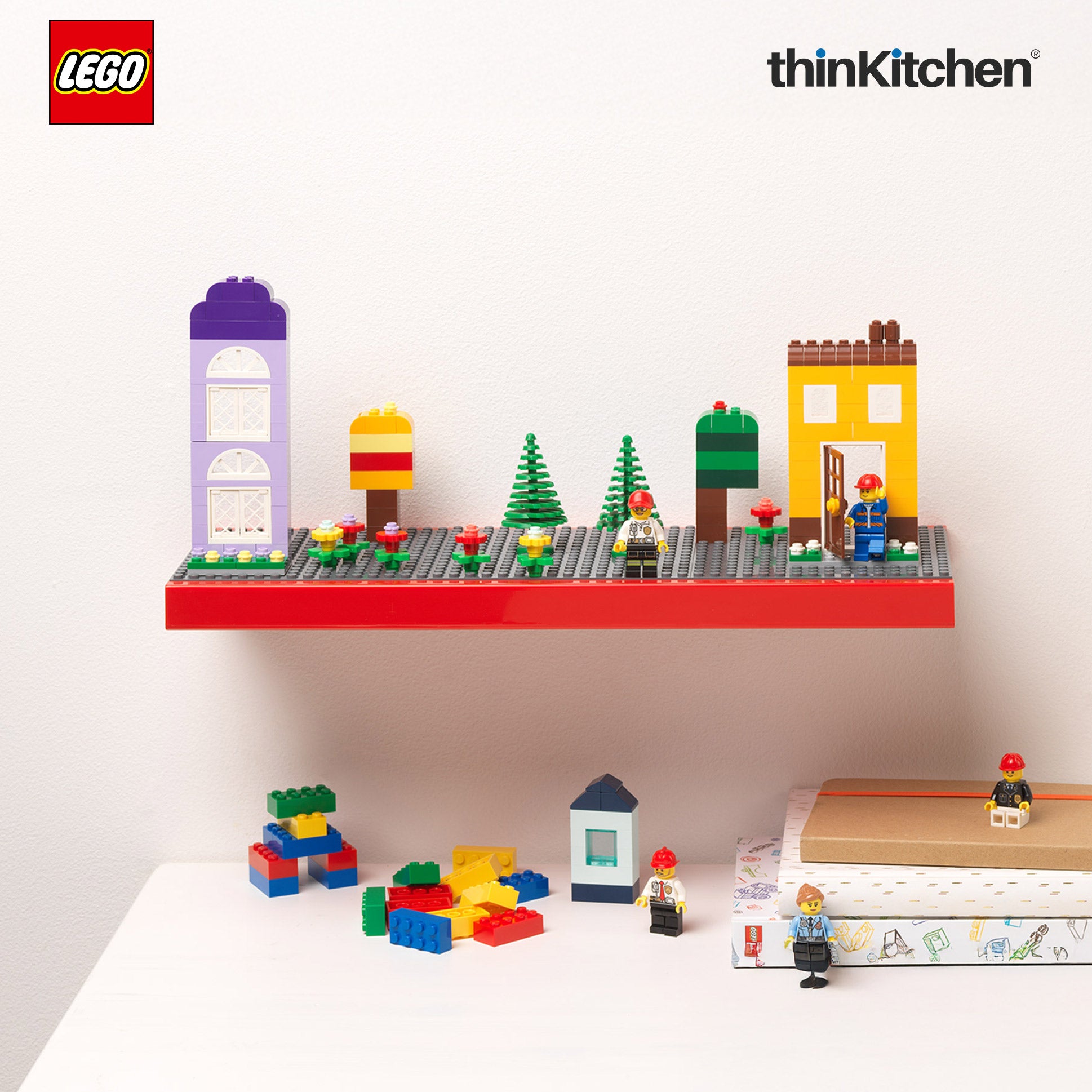 Lego Decorative Floating Wall Shelf with 3 Baseplates (Grey & Red) | 15 x 6 Inch Storage Shelf for Kids Bedroom & Playroom - 3