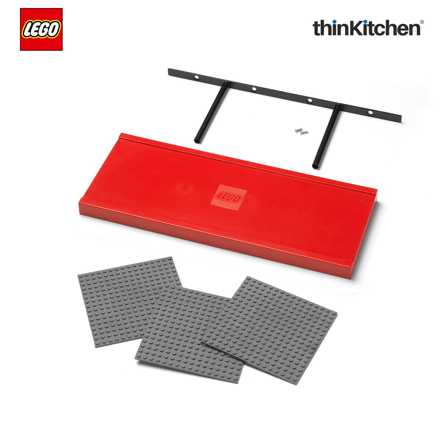 Lego Decorative Floating Wall Shelf with 3 Baseplates (Grey & Red) | 15 x 6 Inch Storage Shelf for Kids Bedroom & Playroom