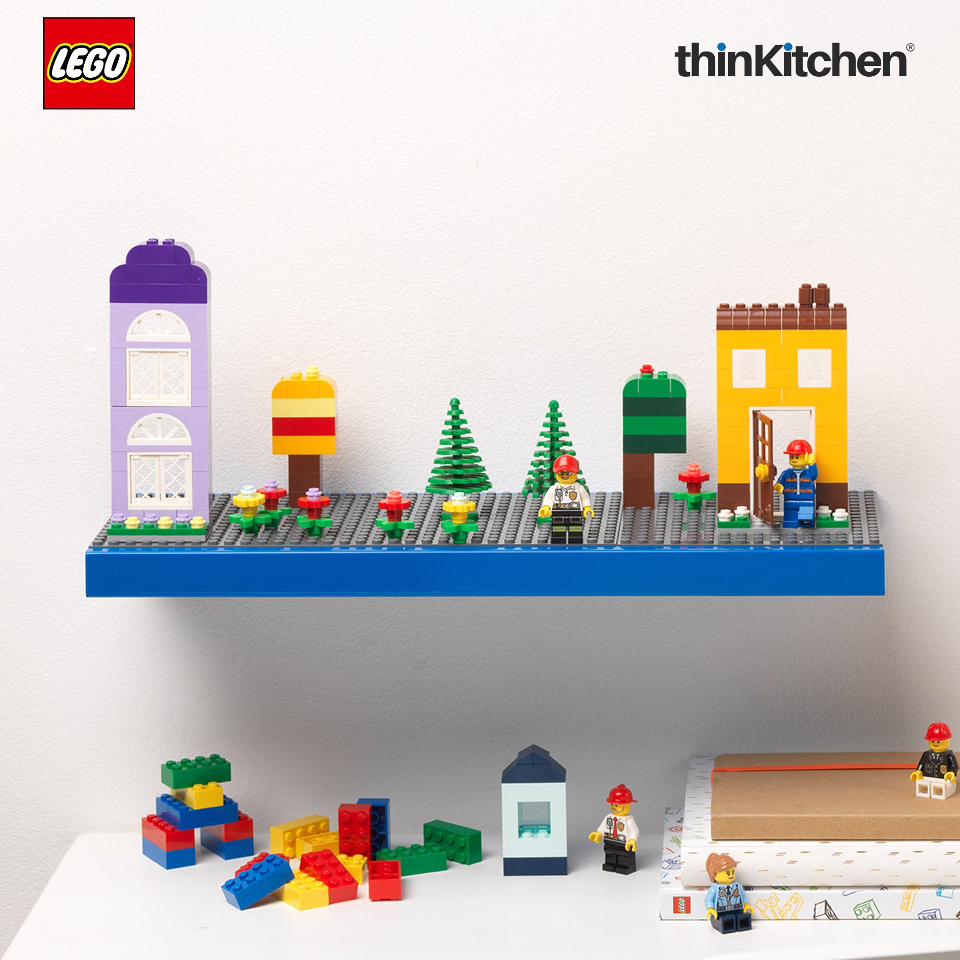 LEGO Decorative Floating Wall Shelf with 3 Baseplates (Grey & Blue) | 15 x 6 Inch Storage Shelf for Kids Bedroom & Playroom - 3