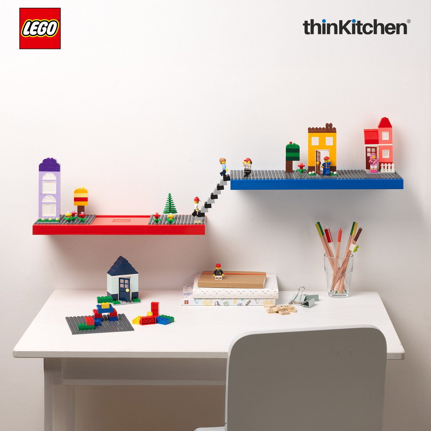 LEGO Decorative Floating Wall Shelf with 3 Baseplates (Grey & Blue) | 15 x 6 Inch Storage Shelf for Kids Bedroom & Playroom